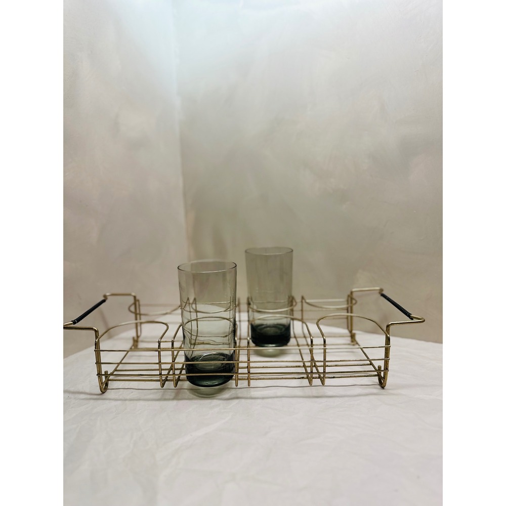 Vintage MCM Brass Wire Drink Caddy 8 Glass Carrier